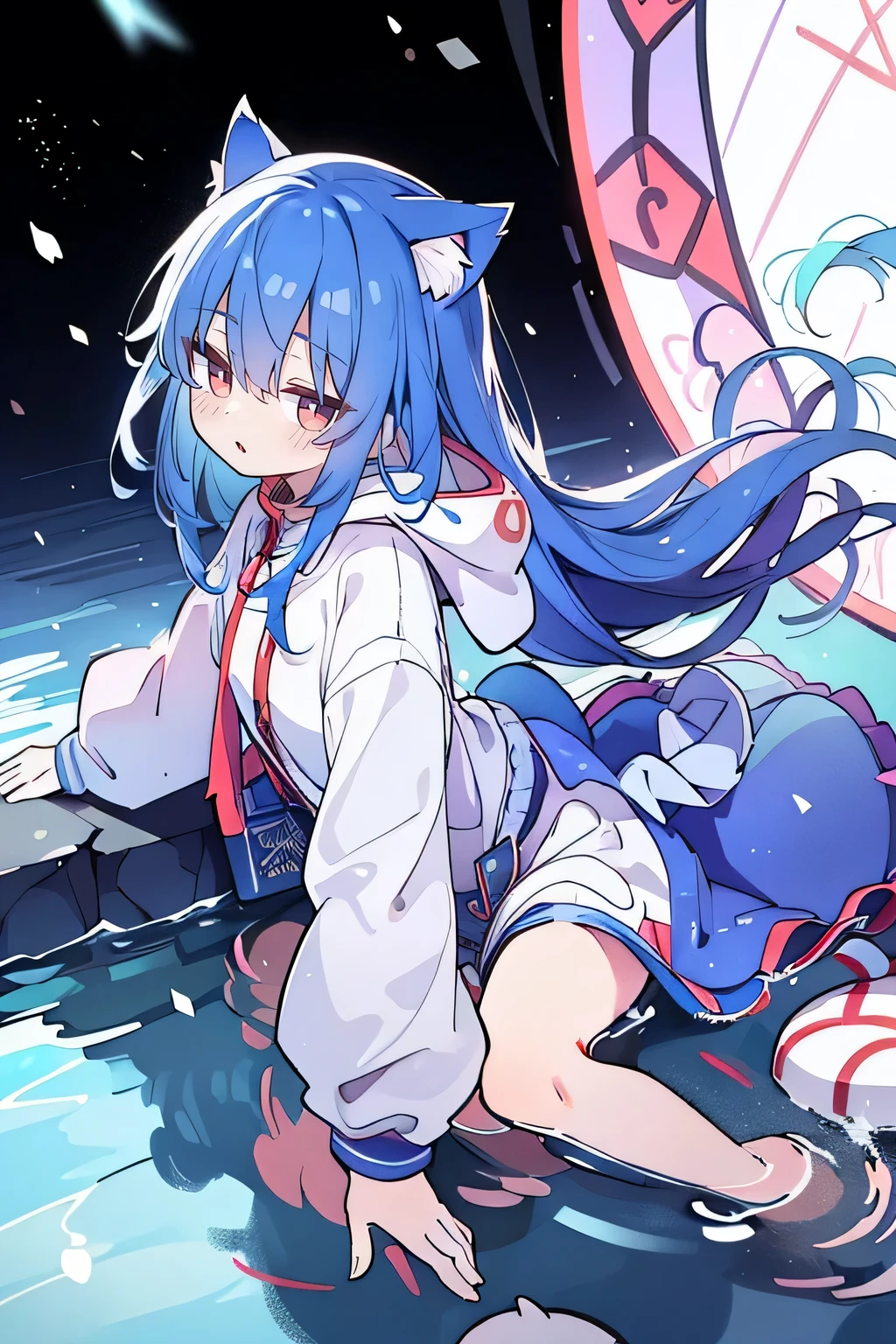 (masterpiece:1.2),Super detailed,lifelike,Expressive eyes,fair skin,perfect face shape,1 girl,
Japanese comics,Gorgeous blue hair,flowing blue hair,flowing clothes,Cat ears,Petals fall,beautiful lola,Baby Angel,
Shaking head with one hand,Cross your legs,Gentle and peaceful background,The pavilion is cool and comfortable,smile, wearing hoodie, background of tokyo,back views,snowing, winter,lie on the water,Wearing a fox mask.