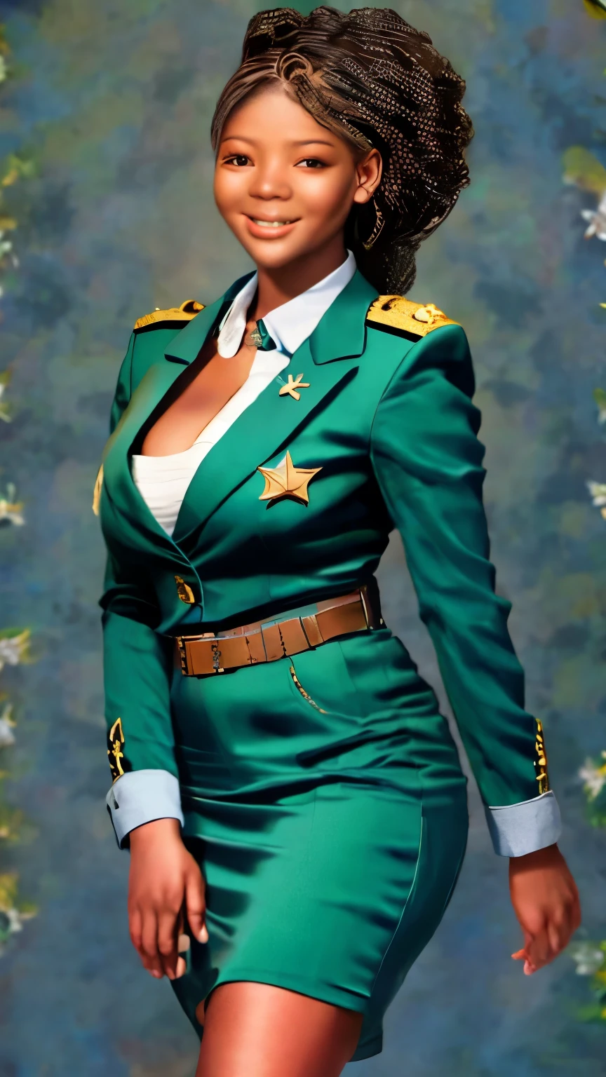 A young black lady standing in a military uniform.