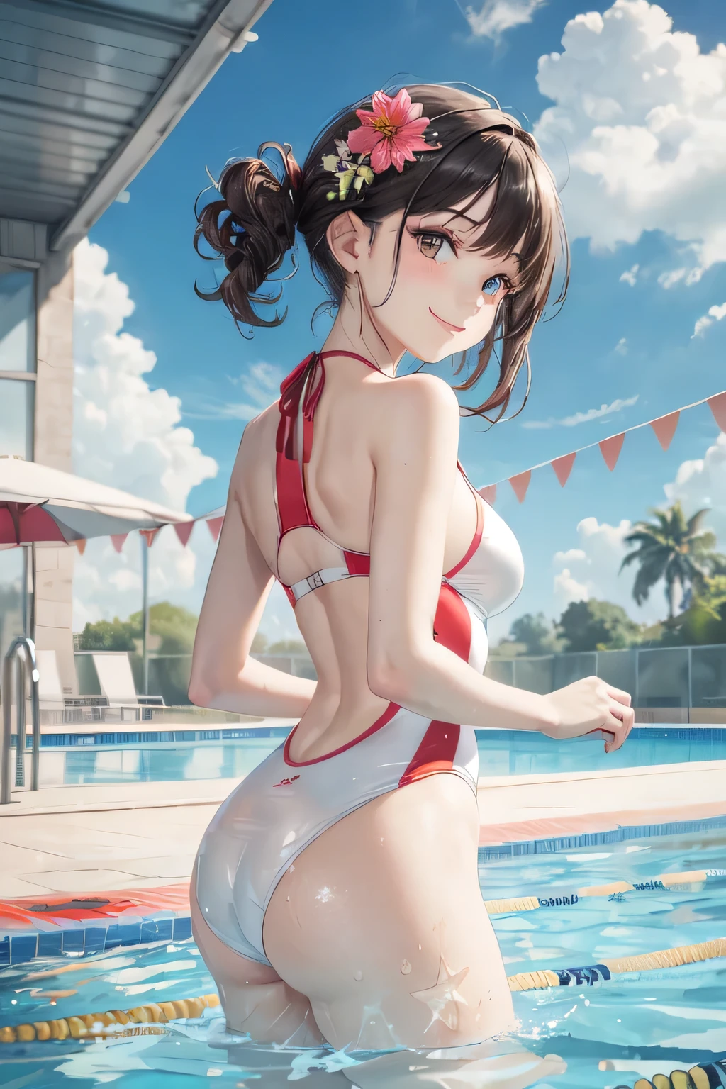 very cute and beautiful girl, (beautiful face and very detailed eyes), (red white latex 1 piece swimsuit),
standing, at the edge of the swimming pool, small colorful flowers on the meadows,
(smile), looking at viewer, black hair, cowboy photo,
(best quality,masterpiece:1.0),absurd,high resolution,ultra-detailed,extremely detailed,32k,
cinematic scene,detailed background,single player,dynamic angle,
hair fluttering in the wind, beautiful detailed sky,