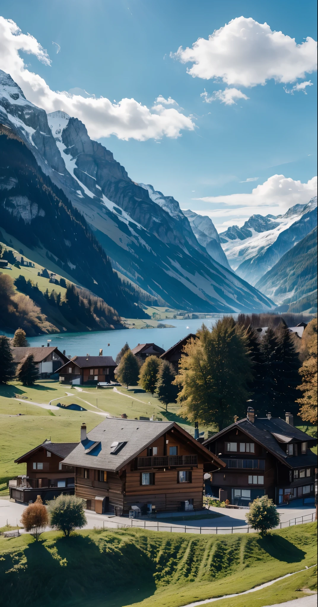 

"Create an image of a picturesque Swiss landscape with green hills, snow-capped Alps in the background, crystal clear lake and cozy wooden houses. Add a blue sky with light clouds and bright sun, illuminating the entire stage."