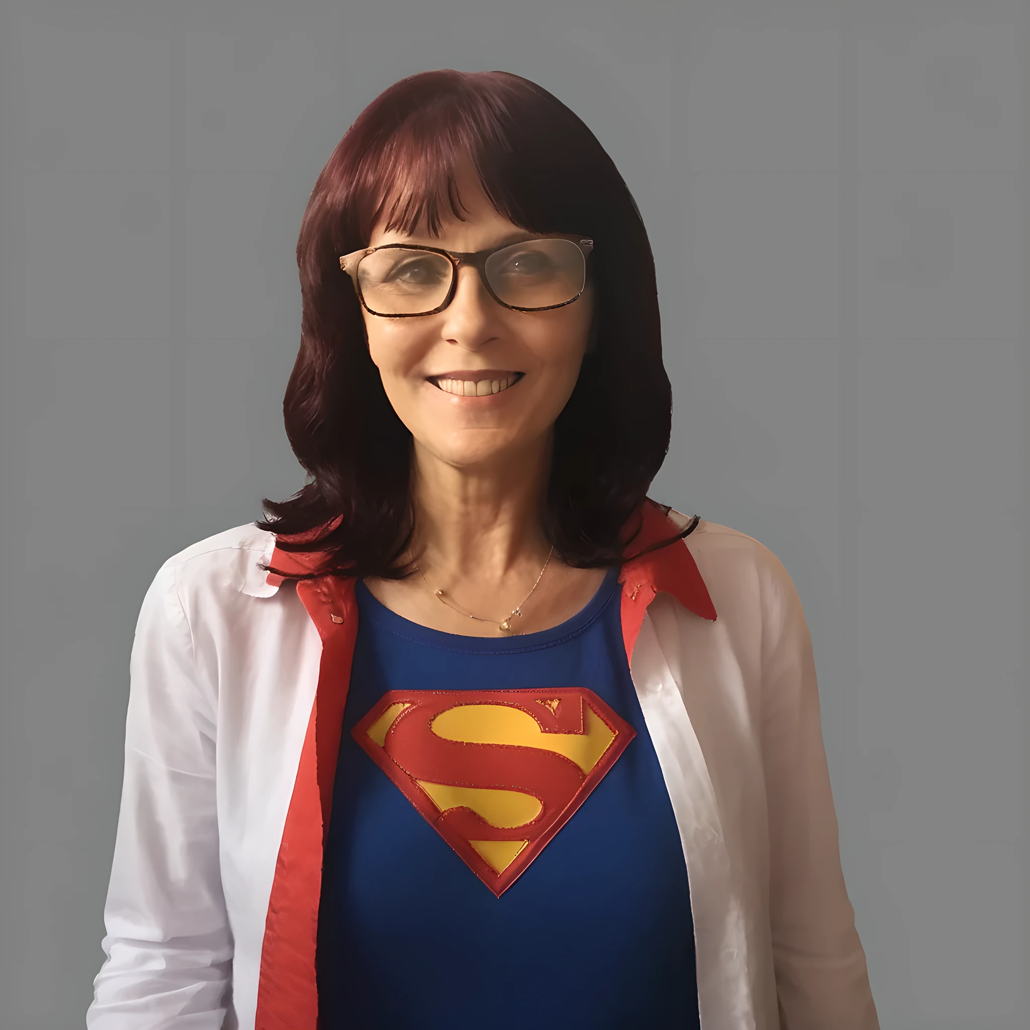(masterpiece, best quality:1.2), 1girl, solo, rika, years of age 50, blue eyes, styled and clothed as Lois Lane from Superman 1970, cinematic lighting, Ultra-Wide Angle, panorama, UHD, retina, masterpiece, super detail, award winning, best quality, 4K, ultra photo realistic, ultra photorealism, digital print", This prompt maintains the detailed and high-quality aspects while incorporating the specific style and clothing of Lois Lane from the 1970s Superman.