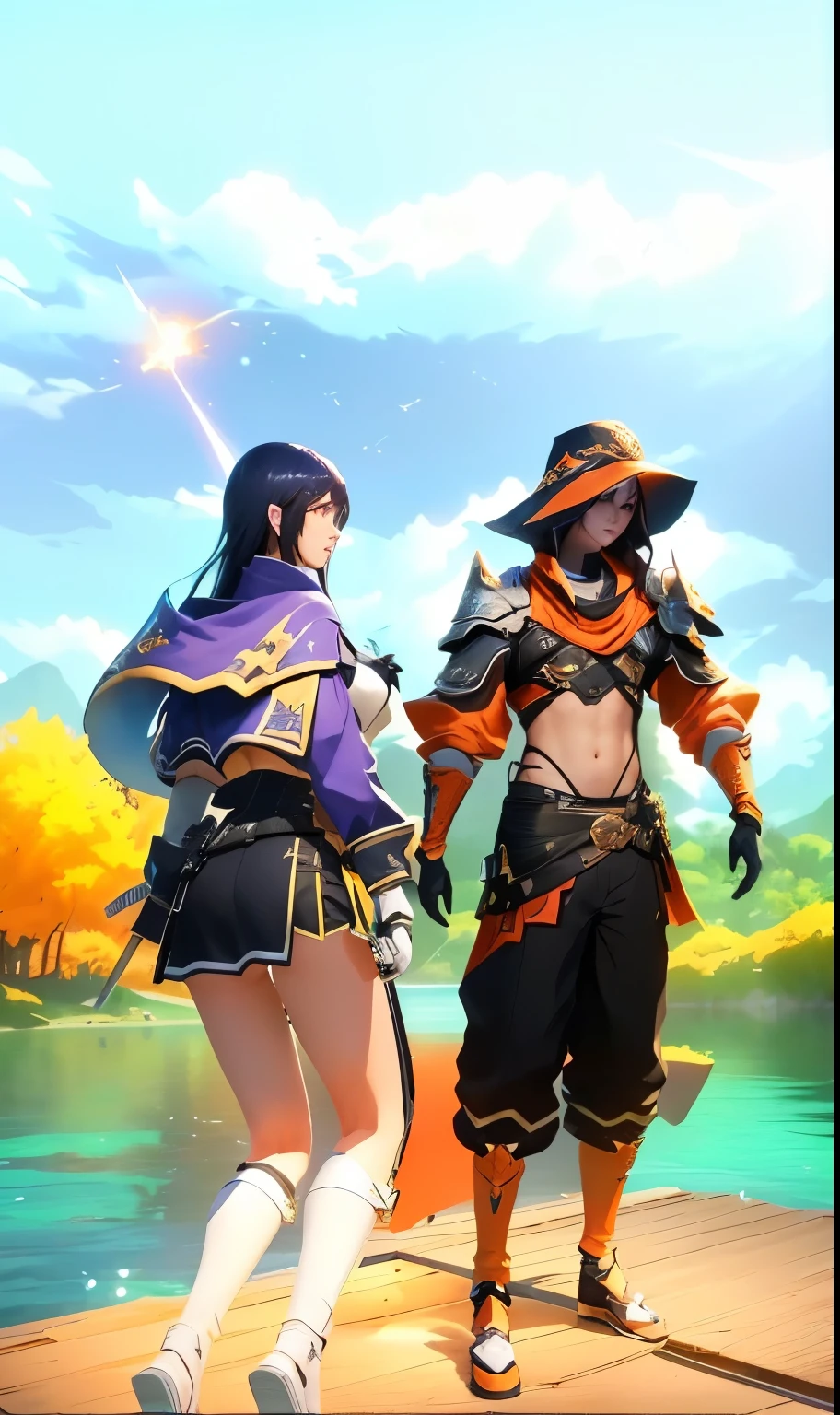 there are two people standing on a dock with a sky background, <mmorpgs scene, second life avatar, nixeu and sakimichan, mmo, in game, in - game, in-game, mmorpg, screenshot from game, in - game screenshot, in-game screenshot, in orange clothes) fight, fashion gameplay screenshot, katana zero video game character