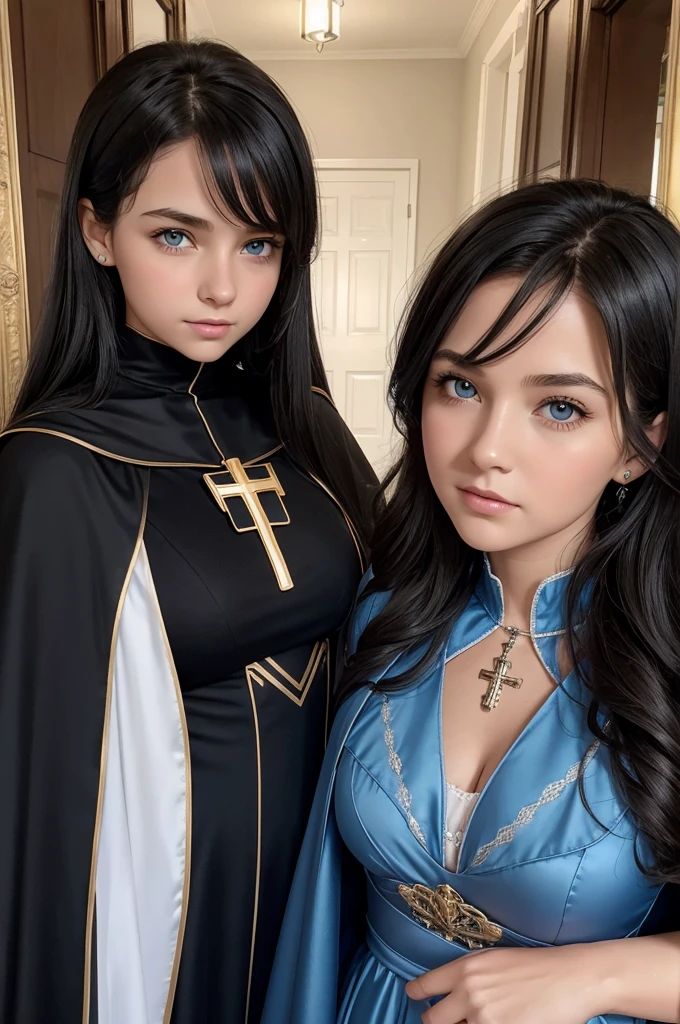 mother and daughter portrait break: daughter ager(1.3), 13 yry small breats, black hair , blue eyes, detailed face, angelical face, dress with cape, desing with christian cross, cleavage ,soft lesbian, break: mature mother, middle-age, long black hair, blue eyes, detailed face, beautiful face,cleavage, curvys, tall, chubby, dress with cape, desing with christian cross,