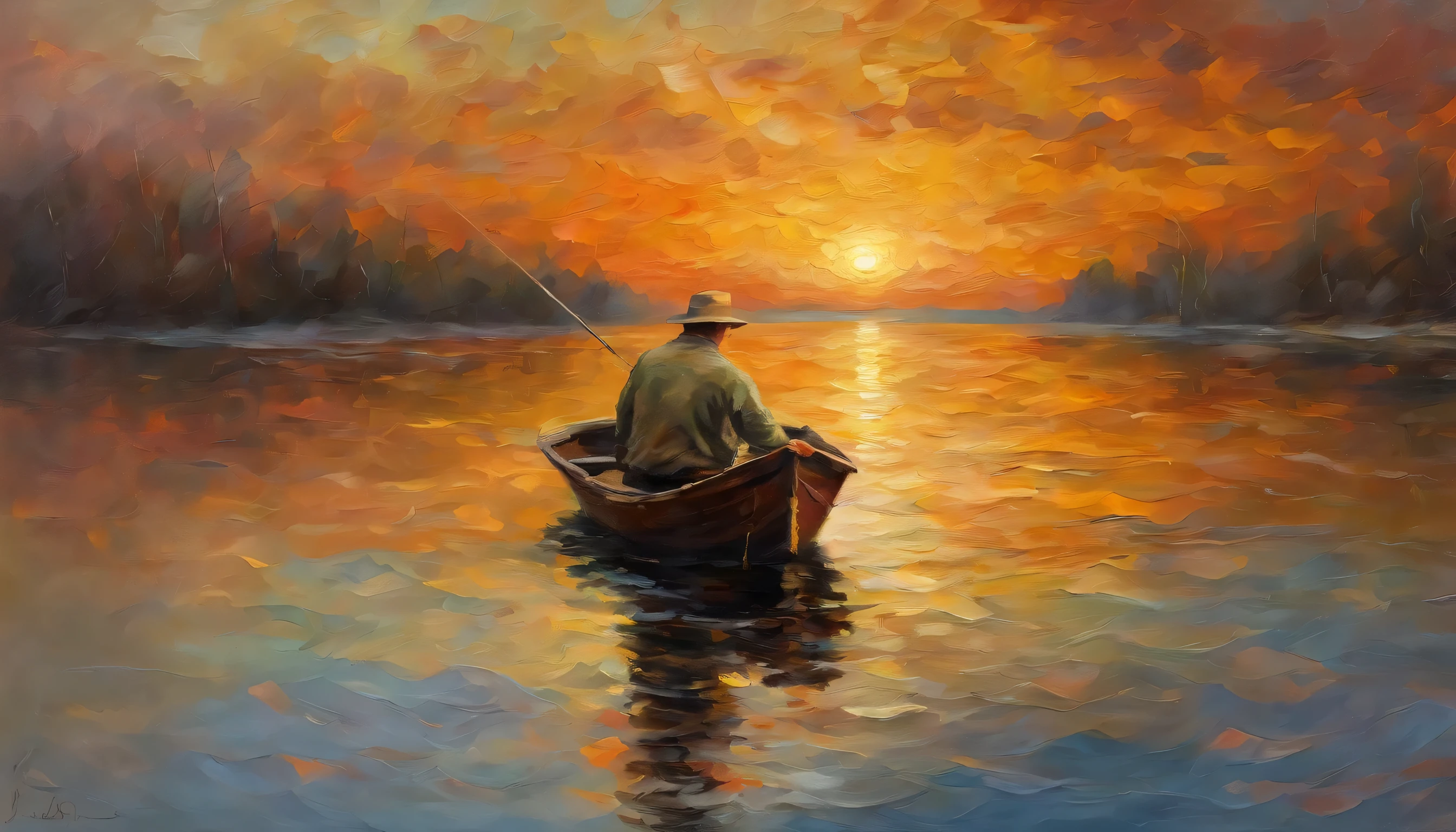 A man fishing in a boat on a calm lake, detailed realistic portrait, intricate details, realistic water and boat texture, high quality lighting, cinematic composition, dramatic lighting, glowing sunset colors, dramatic clouds, highly detailed, photorealistic