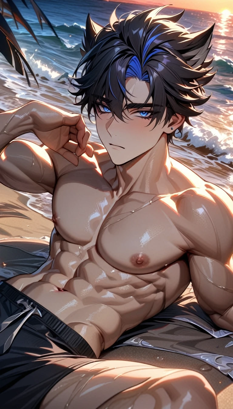 absurdres, highres, ultra detailed, HDR) master piece, best quality, Wriothesley, black hair, expressive blue eyes, genshin impact, solo, sexy man, handsome, toned chest, sensual, black shorts, sea, beach, sunset, lying on the sand