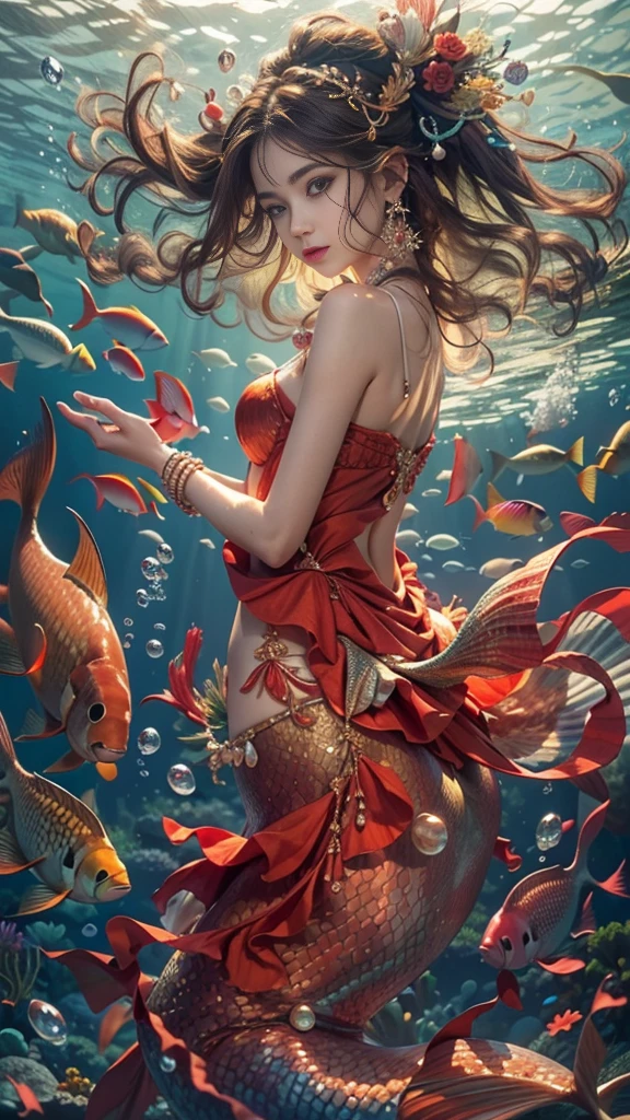 (RAW shooting, 32k:1.5, highest quality, masterpiece, Ultra-high resolution), (Deep sea at night:1.0, Dramatic moonlight:0.7, Mysterious underwater world:1.3, Expressions of sadness:1.0), Side Shot, Fractal Art:1.3, Perfect dynamic composition:1.3, Very detailedな肌と顔の質感:1.3, Dynamic flow of water waves:1.3, Beautiful shell and coral decoration, Surrounded by lots of colorful fish, Rich underwater vegetation, (The subject is being viewed from a distance:1.3, Slim mermaid figure:1.0, Shimmering Scales, Mermaid tail), elegant and sophisticated, Fair skin, Incredibly slim body:0.8, Very beautiful face, Water droplets on the skin, Very accurate, Very detailed, Gorgeous red shiny dress portrait:0.8, Big eyes that exude beauty, Beautiful big lips,, Unreal atmosphere, necklace, Earrings, bracelet