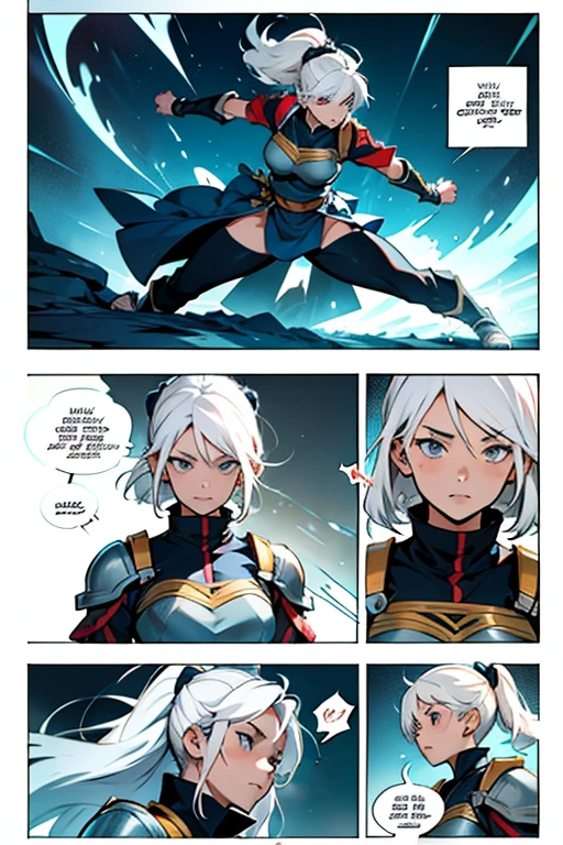 Baby girl with white hair training with a battle master , manga page with panels and dialogue