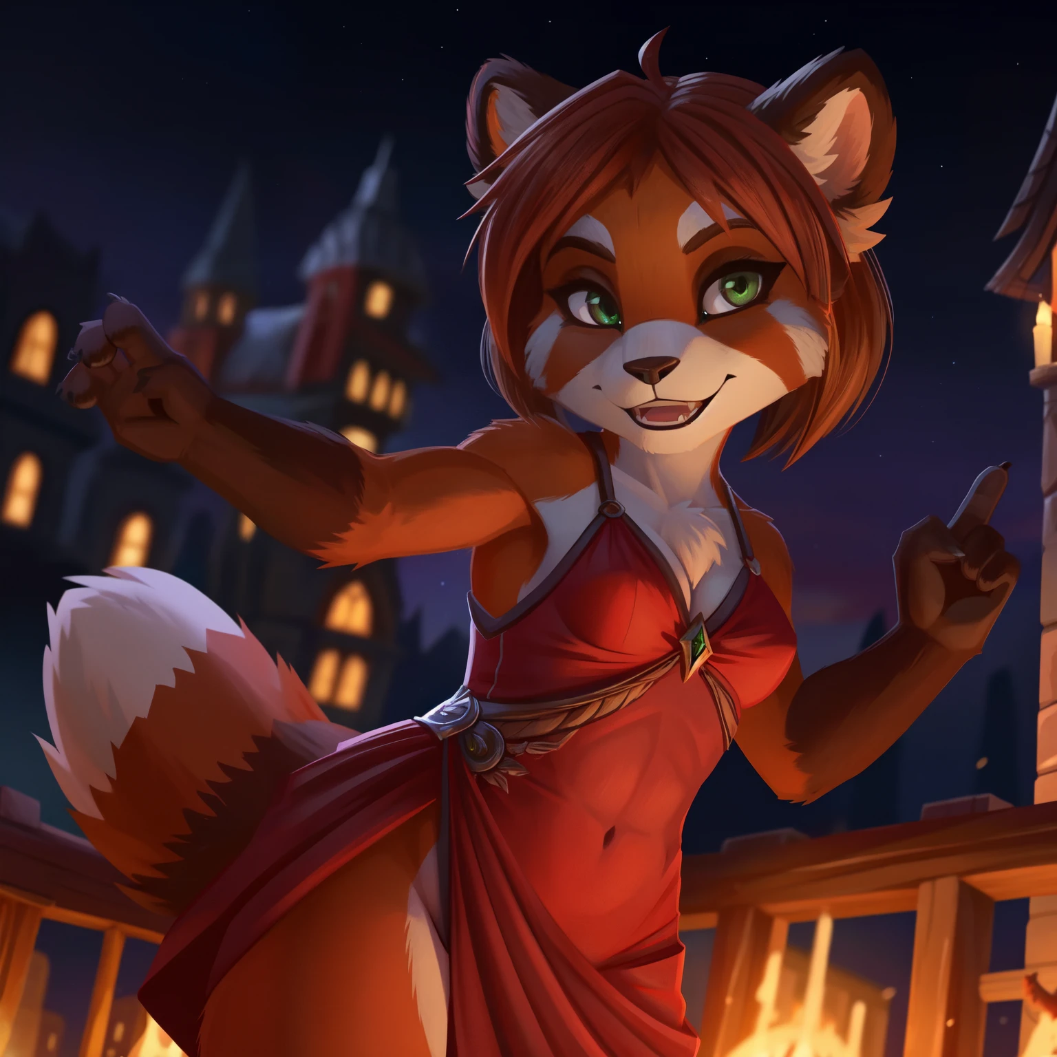 small_animal_ears, small_panda_ears, pandaren, world_of_warcraft, anthropomorphic, short_brown_hair, green_eyes, female, fantasy, long_fluffy_tail, foxtail, 1fang, original_character, red_panda, small_breasts, long_red_sommerdress, swimsuit_underwear, city_background, stormwind, night, medival, closed_mouth, smile, 4fingers, 3fingers_and_thump, red_furred_face, abs, green_eyes, dark_green_eyes, smaragd_eyes