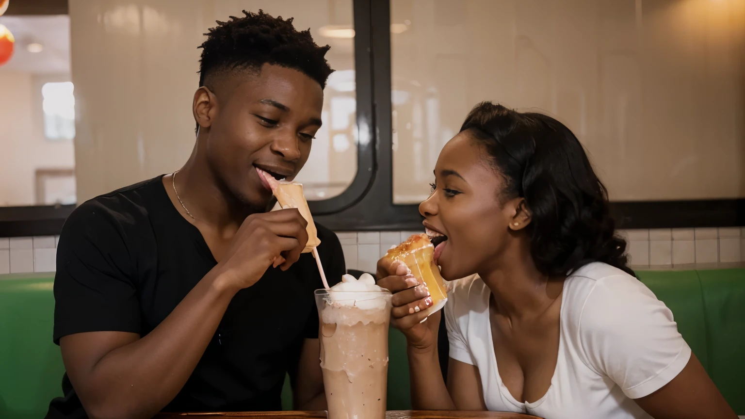 A young black man & woman sharing a milkshake at a 1950s-style diner, their faces light up with laughter as she playfully licks away the foam from his nose.