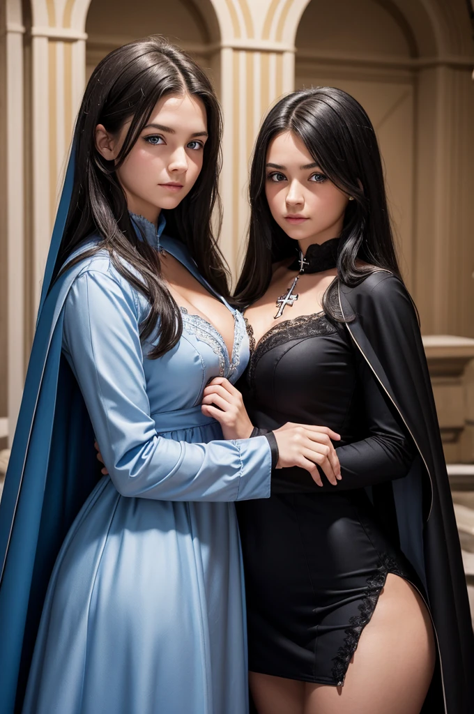 mother and daughter portrait break: daughter ager(1.3), 13 yry small breats, black hair , blue eyes, detailed face, angelical face, dress with cape, desing with christian cross, cleavage ,soft lesbian, break: mature mother, middle-age, long black hair, blue eyes, detailed face, beautiful face,cleavage, curvys, tall, chubby, dress with cape, desing with christian cross break: background in cold castle 
