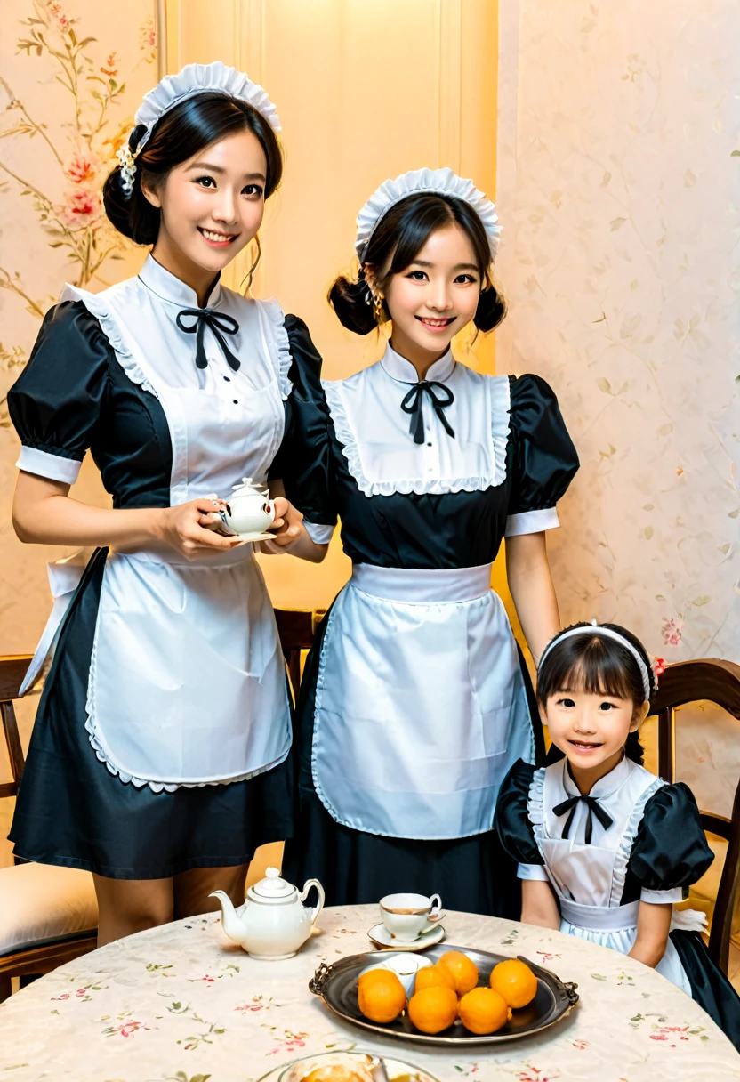 At a warm family gathering, the family decided to play a role-playing game. Excitedly, the little sister changed into the maid costume her mother had prepared for her, imitating the characters in the animated film, serving tea and water to everyone, bringing joy and laughter to the family, (masterpiece, best quality, Professional, perfect composition, very aesthetic, absurdres, ultra-detailed, intricate details:1.3)