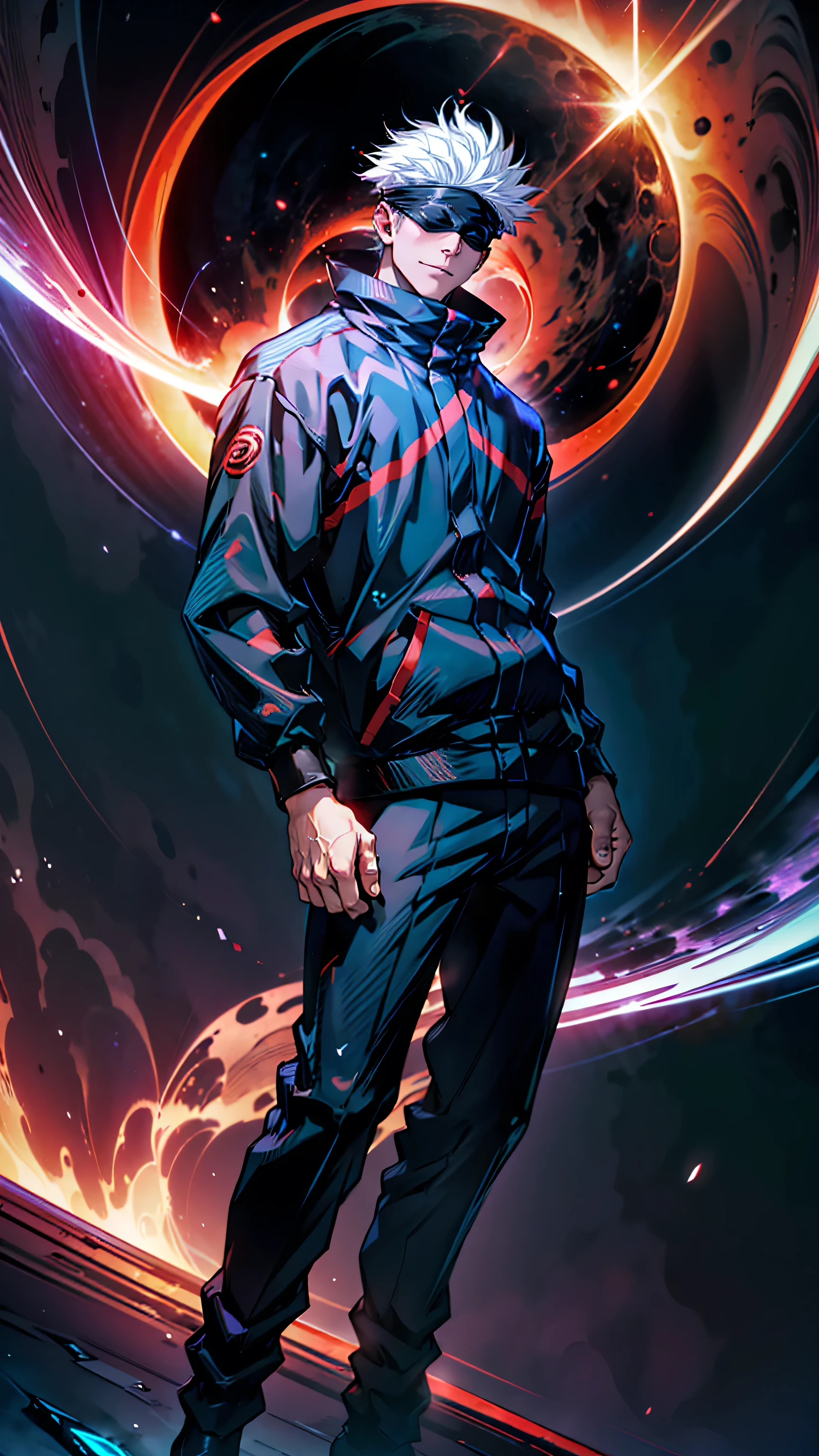 1boy, full body shot, satoru gojo, blindfold, black outfit, white hair, use skill pose (( red energy void in right hand,blue energy void in left hand)), smirk, red and blue moon background, wallpaper, cinematic,High resolution 8K, Bright light illumination, lens flare, sharpness, masterpiece, top-quality, The ultra -The high-definition, high resolution, extremely details CG, Anime style, Film Portrait Photography,masterpiece,hyperdetail
