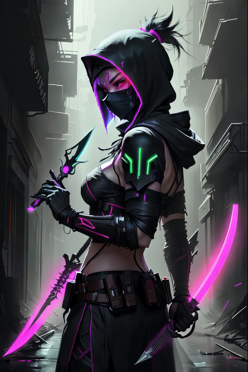assassin, face mask, neon, More light, daggers in their hands