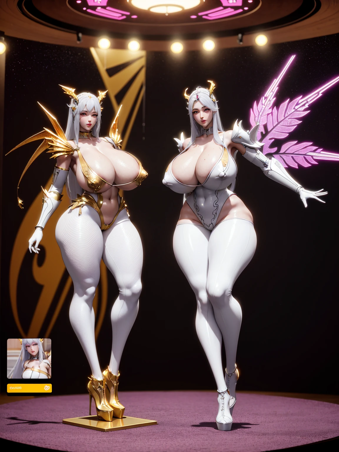 (DRAGON HEAD), HUGE FAKE BOOBS, (BEAUTIFUL FACE), (GOLD:1.2, WHITE:0.8, PURPLE:0.9 MECHA ARMORED GEAR), (((A PAIR OF HUGE MECHANICAL WINGS SPREAD OUT))), FUTURISTIC DRAGON MECHA SUIT, (CLEAVAGE), (SKINTIGHT YOGA PANTS), (HIGH HEELS), (PERFECT BODY:1.2), (FULL BODY VIEW), FRONT, (SEXY STAND:1.5), SEXY MUSCULAR BODY, MUSCLE ABS, UHD, 8K, 1080P.
