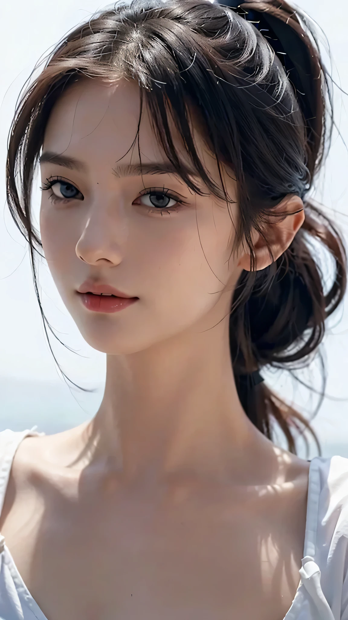 White T-shirt,Black bra is sheer,summer,One woman,close up face,fully body photo,masutepiece, The highest image quality, High quality, the background is clear，Beautiful woman, Japanese, Detailed, Detailed eyes, Detailed skin, Beautiful skin, 超hight resolution, (reality: 1.4),Very beautiful woman, Slightly younger face, Beautiful skin, slender, (Ultra photo realsisim), (hight resolution), (8K), (Very detailed) (beautifully detailed eyes), (super detailed),   (Detailed face), view the viewer, Fine details, Detailed face, Staring straight ahead, Staring straight ahead, photos realistic, Bright lighting, Professional Lighting, Black hair,poneyTail,a baby face,sixteen years old,Hairstyle: ponytail,Long ponytail hairstyle,slight smile,