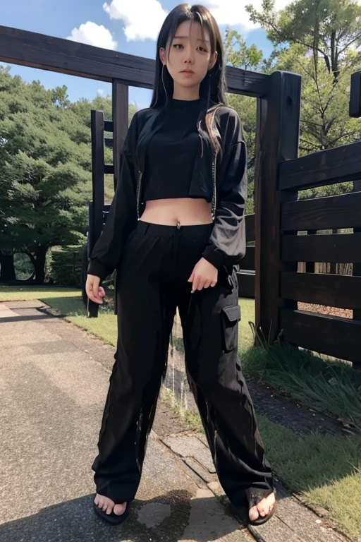 Japanese Girl sees the ghost and pees her black palazzo pants until her pants are wet in fright.