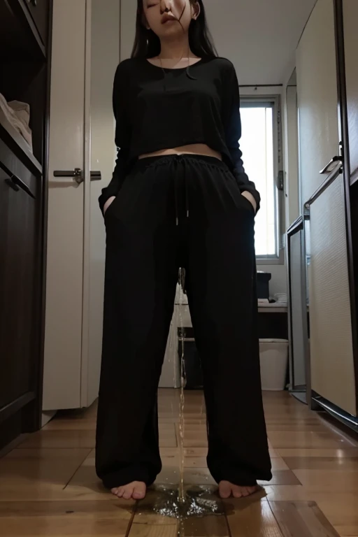 Japanese Girl sees the ghost and pees her black palazzo pants until her pants are wet in fright.