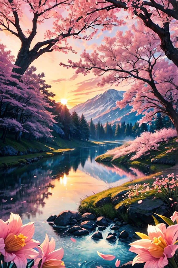 Deep Forest, Distant Mountains, Bird. 2D style, bright and vibrant, Cherry Blossoms, sunrise can be seen in the distance, The stream is winding, There are some daffodils on the shore, sunrise