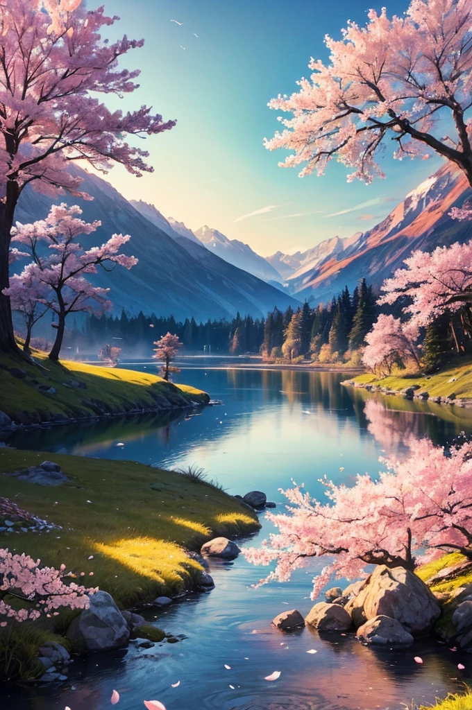 Deep Forest, Distant Mountains, Bird. 2D style, bright and vibrant, Cherry Blossoms, sunrise can be seen in the distance, The stream is winding, There are some daffodils on the shore, sunrise