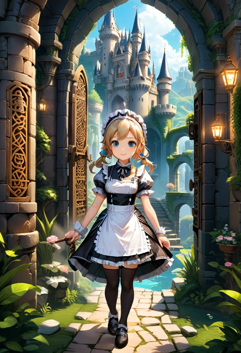 In a popular RPG game, the character controlled by the player is a maid working in a fantasy castle, dressed in the game's unique cute maid costume, weaving through maze like corridors, completing various tasks and challenges, (masterpiece, best quality, Professional, perfect composition, very aesthetic, absurdres, ultra-detailed, intricate details:1.3)