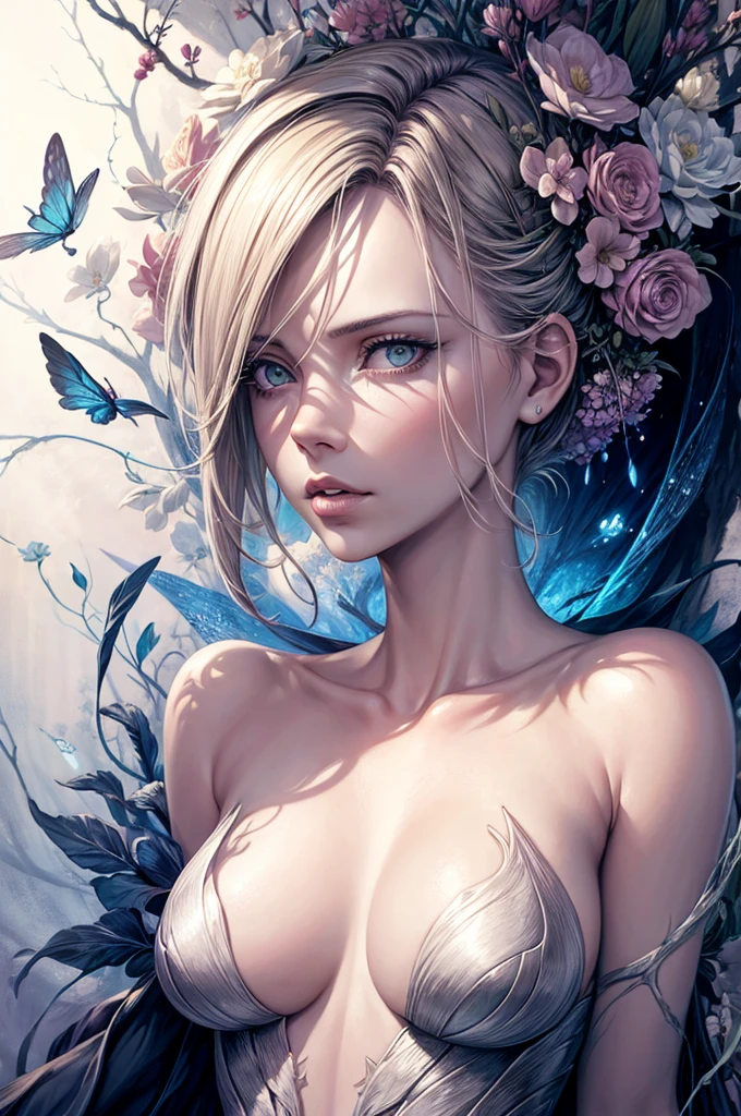 Charlize Theron stars in Marco Mazzoni-style botanical masterpiece, detailed, Surrealism, Front view, Elements of Symbolism and Surrealism, A painting by mse agnes cecile of charlize theron, Luminous design, Pastel colours, Ink drops, spring lights, Complex design, looking at the audience intertwined, Charlize Theron, Flowers, Pastel, looking at the audience, Front view