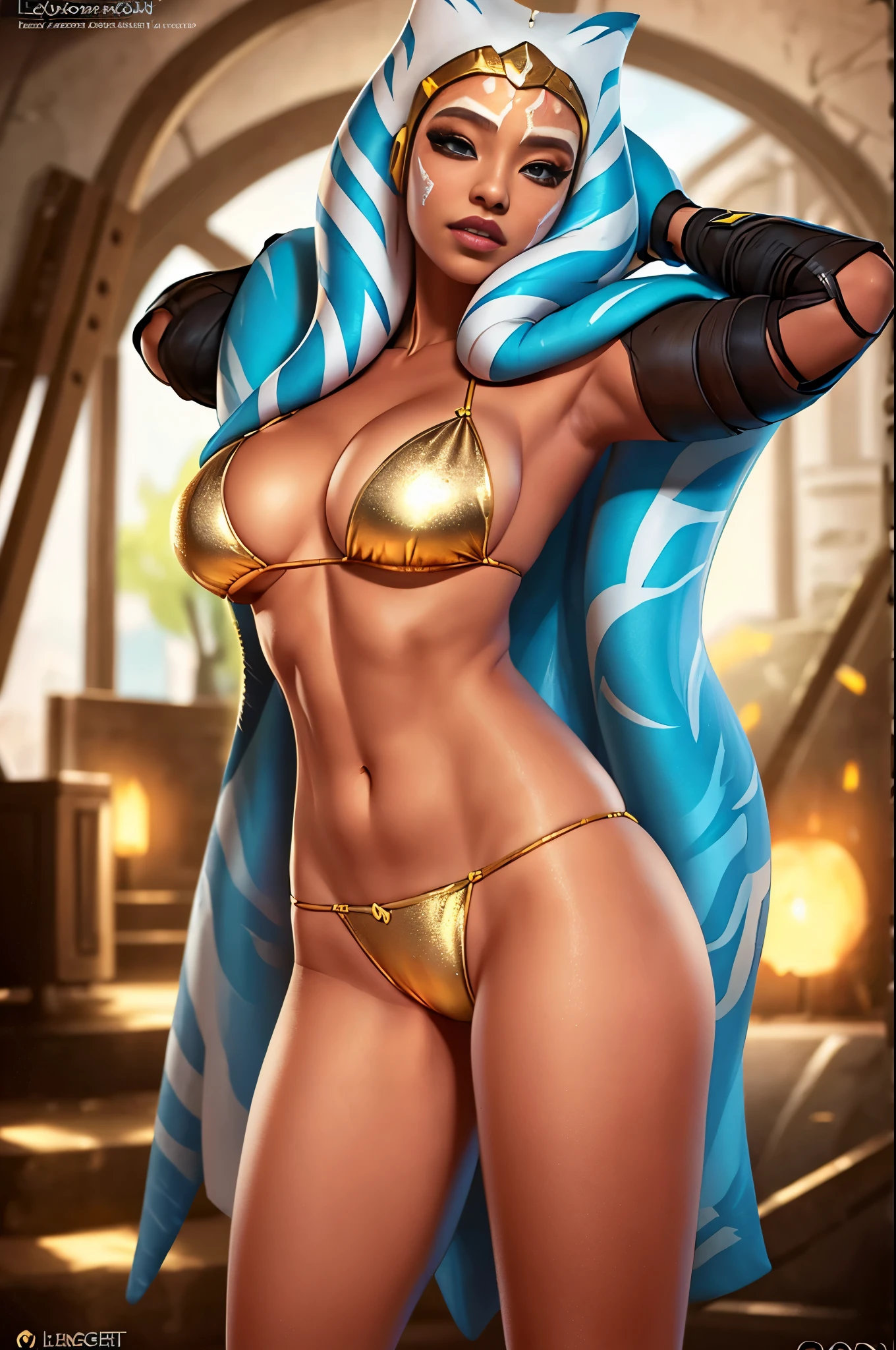 ahsoka tano in gold bikini with a big breast, cutesexyrobutts, symmetra from overwatch, samira from league of legends, extremely detailed artgerm, senna from league of legends, inspired by rossdraws, wlop and rossdraws, in style of artgerm, as seen on artgerm, pharah from overwatch