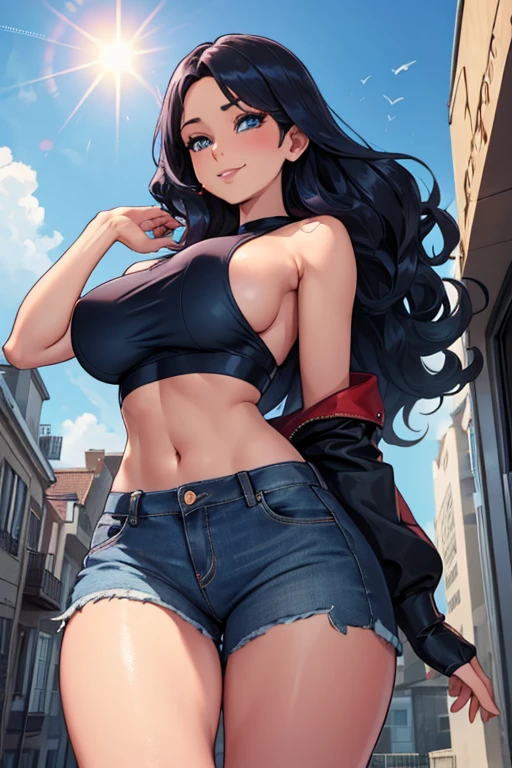 30-year-old woman、Soft wavy long hair、Shiny hair quality、Sparkling blue eyes、A feminine and soft body、developed buttocks、Toned thighs and calves、Wearing high heels、Shiny red off-the-shoulder mini flareTshirt、huge breasts, High rise navy jeans、A low-angle shotPhotographed with a slight fisheye lens effect、Shooting focused on the lower body、(From below:1.3)、Smiling while looking down at the photographer