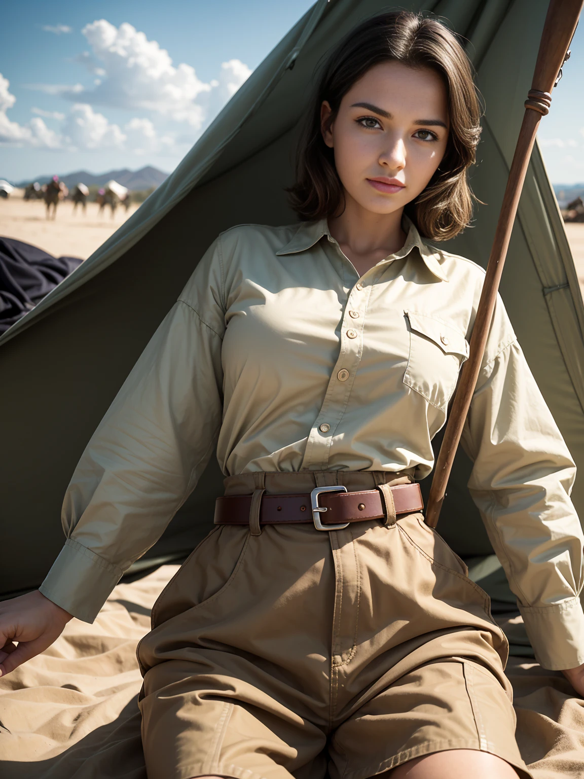 Wide angle. Masterpiece, Uhd, An adventuress from the '40s.cotton sand-colored shirt,  Khaki cotton army long skirt,  leather belt, army boots. She’s on the field, in an army tent. Perfect anatomy, perfect hair, perfect breast, perfect body, perfect hands, perfect face, perfect eyes, accurate, anatomically correct, perfect clear and crisp focus, UHD, masterpiece, 