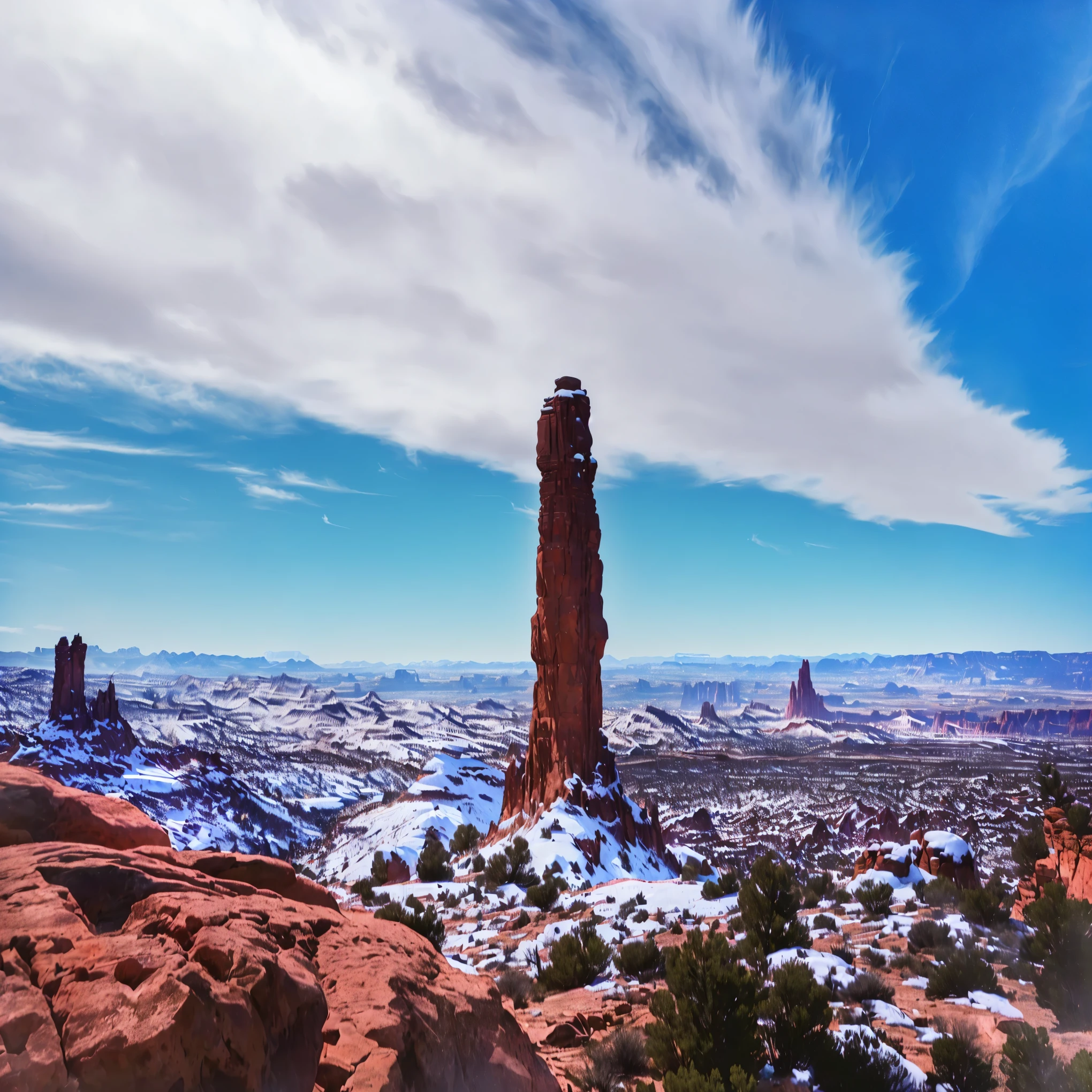 There is a large rock formation in the middle of a desert, moab, towers over your view, sehr weite Sicht, epische Landformationen, Wegschauen, very Weitwinkelaufnahme, a wide full length shot, very sehr weite Aufnahme, Weitwinkelaufnahme, Lange Sicht, sehr weite Aufnahme, wide Lange Sicht, faszinierend und imposant, iso 1 0 0 breite ansicht