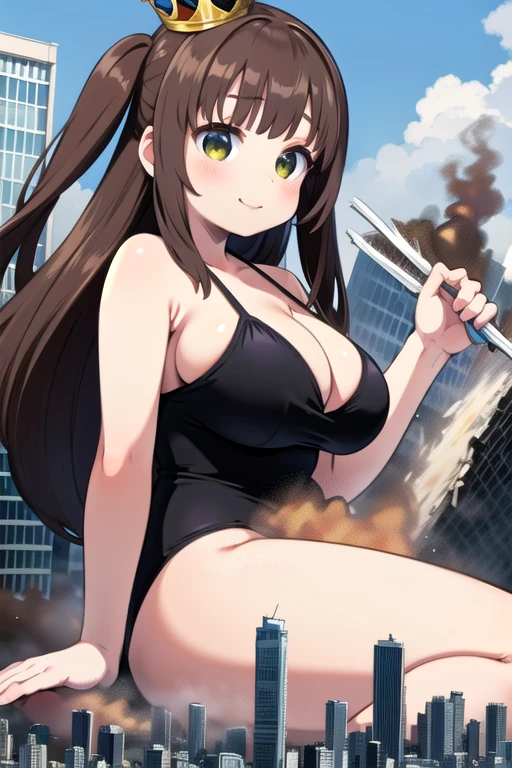 (highest quality、High resolution、Detailed Background)、(Highly detailed beautiful face:1.4)、cute teenage queen、Brown hair or cute hair color、Huge breasts、Realistic、Perfect body line、cute、A beautiful queen taller than a building、aerial photograph、aerial photograph、Sit in the building、Destroying the city with a smile、 (A giant queen bigger than a skyscraper destroys the city of Shibuya:1.5)、cute swimsuit スクール水着　Lying down　