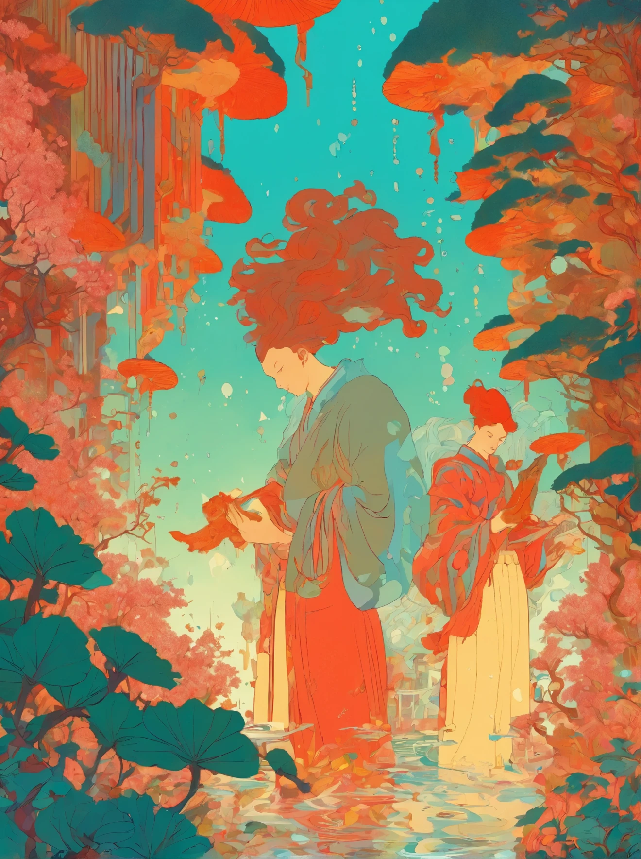 illustration of a woman and a man standing in a garden, botticelli and victo ngai, laurie greasley and james jean, james jean art, james jean marc, jordan grimmer and james jean, james jean and victo ngai, brittney lee, moebius and kilian eng, moebius + loish, james jean style, by James Jean