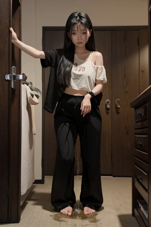 Japanese Girl sees the ghost and pees her black palazzo pants until her pants are wet in fright.
