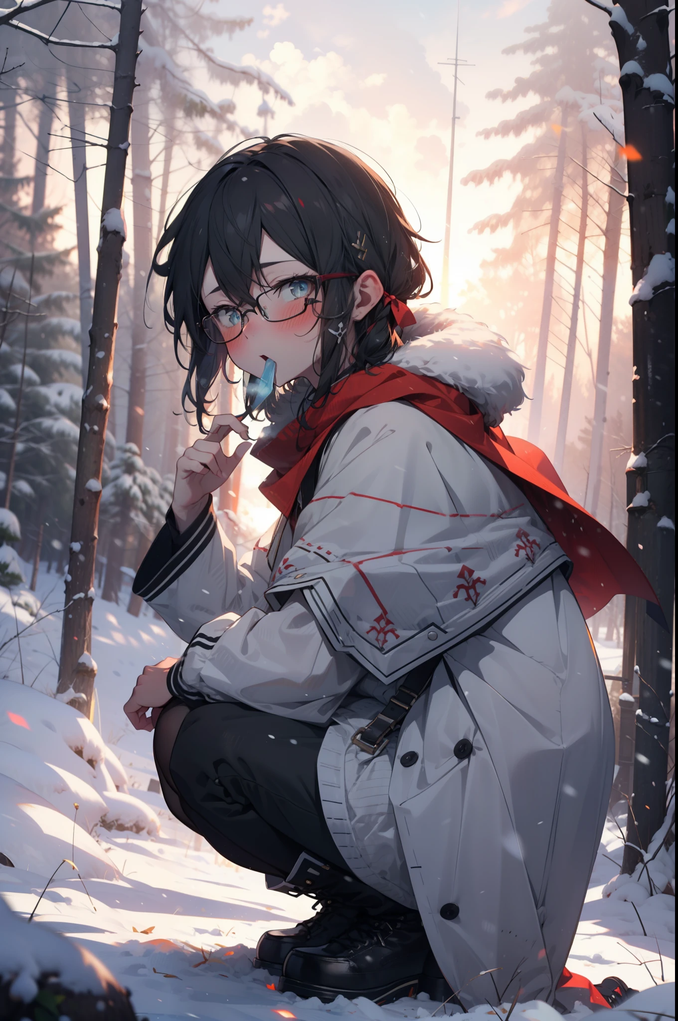 Shino Asada, Shino Asada, (black eye:1.5), Black Hair, Hair between the eyes, Hair Ribbon, short hair, Side Lock, Glasses, (Small breasts:1.2),blush,White Breath,
Open your mouth,snow,Ground bonfire, Outdoor, boots, snowing, From the side, wood, suitcase, Cape, Blurred, having meal, forest, White handbag, nature,  Squat, Mouth closed, Cape, winter, Written boundary depth, Black shoes, red Cape break looking at viewer, Upper Body, whole body, break Outdoor, forest, nature, break (masterpiece:1.2), highest quality, High resolution, unity 8k wallpaper, (shape:0.8), (Beautiful and beautiful eyes:1.6), Highly detailed face, Perfect lighting, Highly detailed CG, (Perfect hands, Perfect Anatomy),