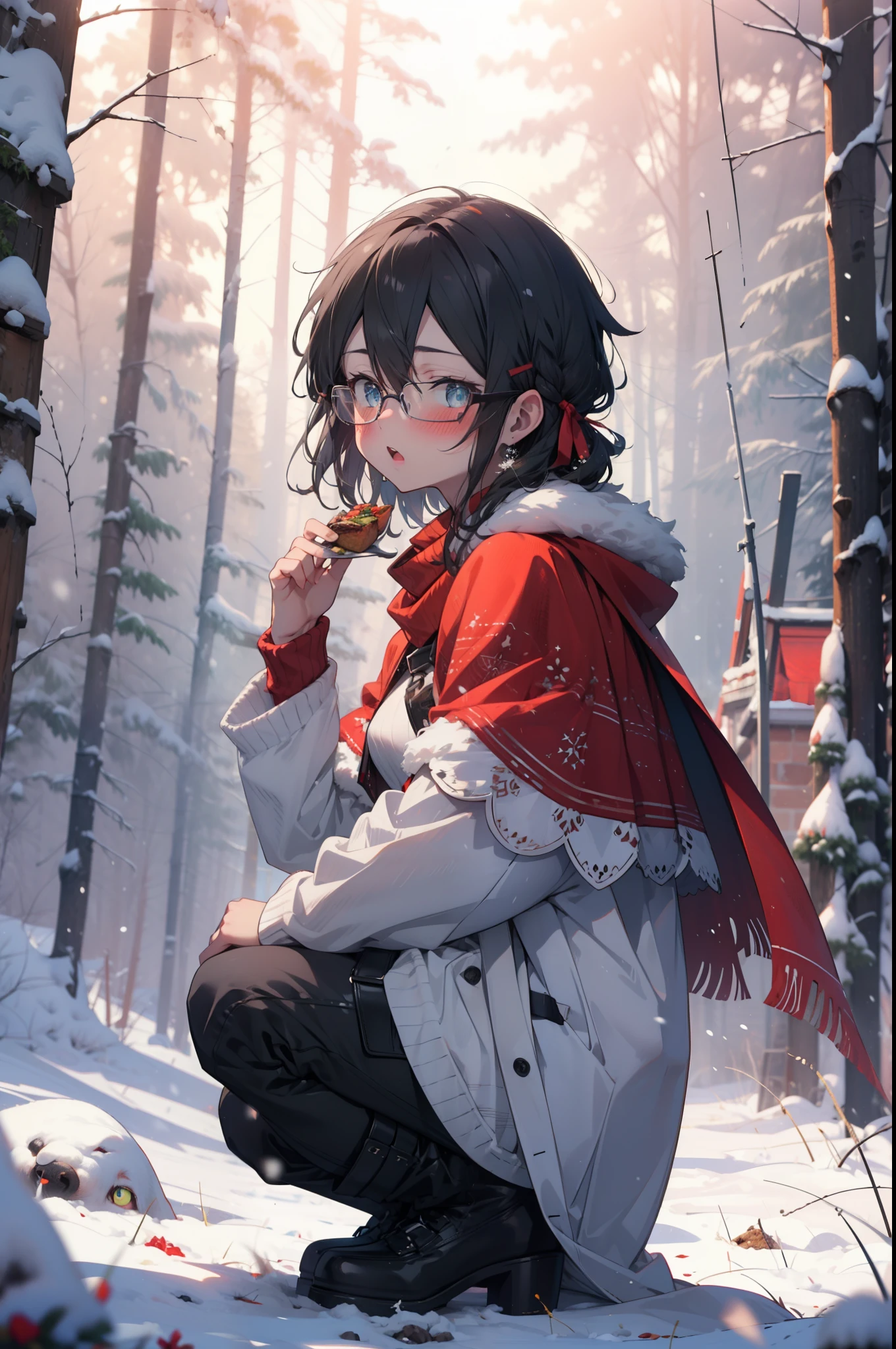 Shino Asada, Shino Asada, (black eye:1.5), Black Hair, Hair between the eyes, Hair Ribbon, short hair, Side Lock, Glasses, (Small breasts:1.2),blush,White Breath,
Open your mouth,snow,Ground bonfire, Outdoor, boots, snowing, From the side, wood, suitcase, Cape, Blurred, having meal, forest, White handbag, nature,  Squat, Mouth closed, Cape, winter, Written boundary depth, Black shoes, red Cape break looking at viewer, Upper Body, whole body, break Outdoor, forest, nature, break (masterpiece:1.2), highest quality, High resolution, unity 8k wallpaper, (shape:0.8), (Beautiful and beautiful eyes:1.6), Highly detailed face, Perfect lighting, Highly detailed CG, (Perfect hands, Perfect Anatomy),