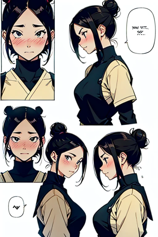 Girl with black hair bun blushing , manga page with panels and dialogue 