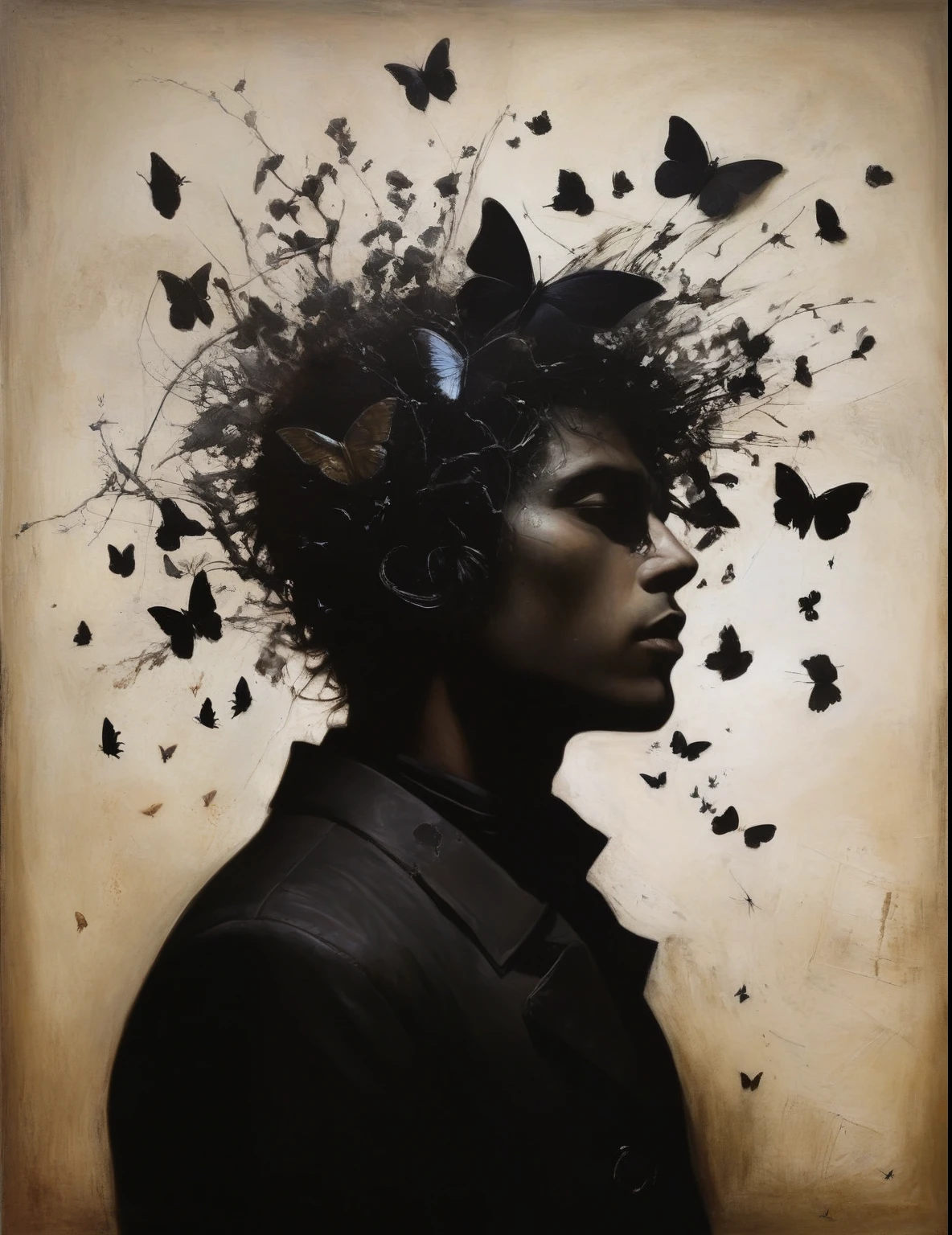 James Gurney, Surrealist art , dream-like, Mysterious, Provocative, symbolic, Complex, detailed,, (Gothic but very beautiful:1.4), (masterpiece, highest quality:1.4) , Nicola Samori Style, Butterflies, crows and young men, clock