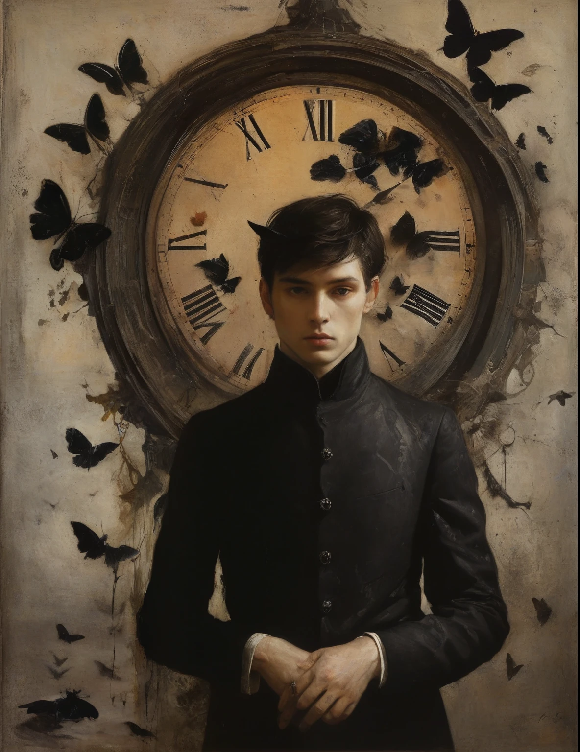 James Gurney, Surrealist art , dream-like, Mysterious, Provocative, symbolic, Complex, detailed,, (Gothic but very beautiful:1.4), (masterpiece, highest quality:1.4) , Nicola Samori Style, Butterflies, crows and young men, clock