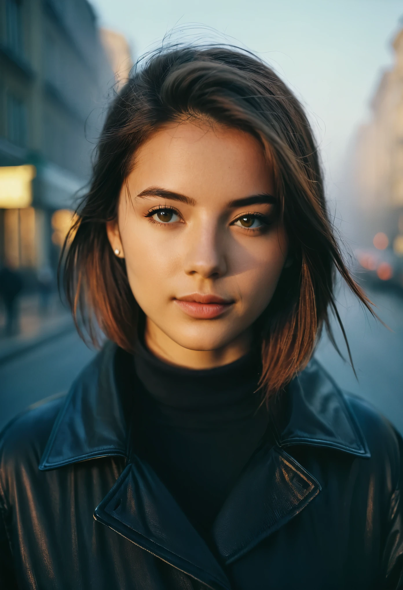 photography, city street, closeup portrait photo of young woman in dark clothes, sunny, daylight, fog, Fujifilm XT3, Canon R5, Fujicolor Fujichrome Velvia 100