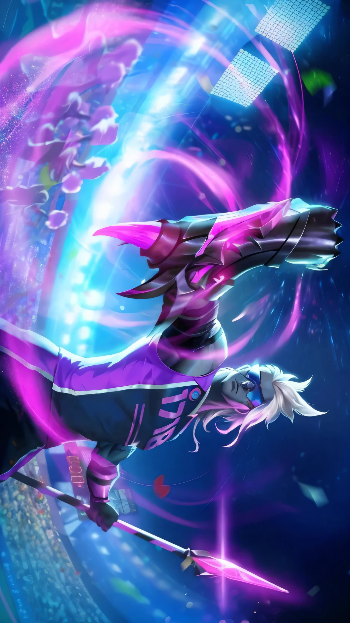 a close up of a person flying through a purple and blue light, ezreal (league of legends, 8k hd wallpaperjpeg artifact, 8 k hd wallpaperjpeg artifact, riot background, vibrant fan art, trigger anime artstyle, xqc, amazing wallpaper, official splash art, kda, league of legends character, splash art