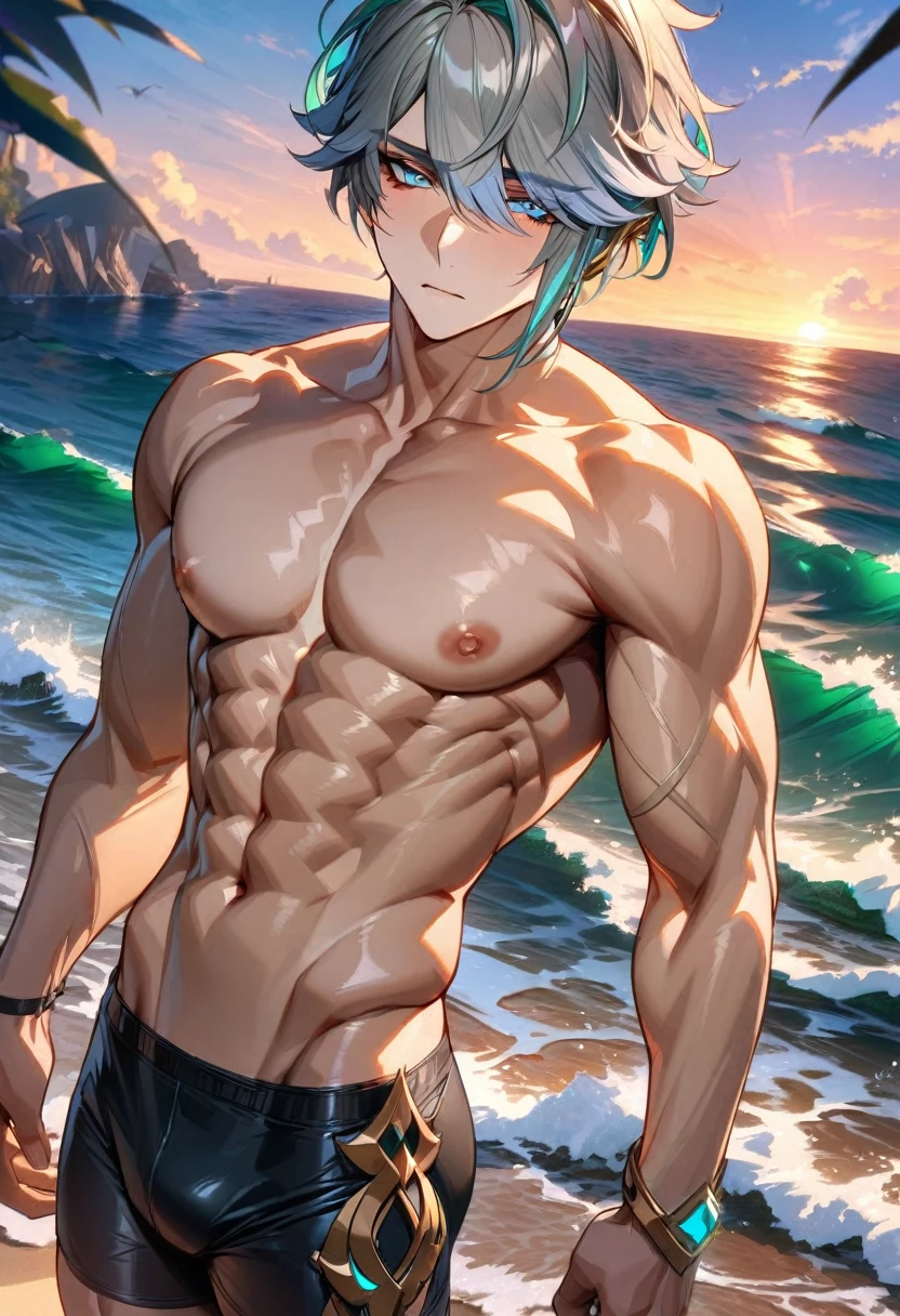 absurdres, highres, ultra detailed, HDR) master piece, best quality, Alhaitham, gray hair, expressive blue eyes, genshin impact, solo, sexy man, handsome, toned chest, topless, sensual, black tight shorts, sea, beach, sunset