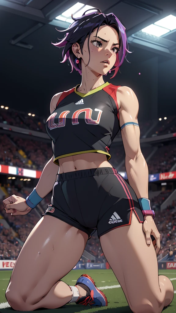 (Best Quality, High Resolutions, Ultra Detailed, Realistic:1.37), Portrait, Waifu, Footballer, Sexy, Hyper Sexual, Futebol, Athletic, Fit Body, Strong Legs, Intense Expression, Dynamic Pose, Vivid Colors, Studio Lighting, Black Style, Flawless Skin, Sweat Beads, Shiny Hair, Shorts, Fitted Jersey, Sports Shoes, Football stadium, Passionate Crowd, Sharp Focus, Physically Based Representation, Bokeh, High Contrast, Lights and shadows