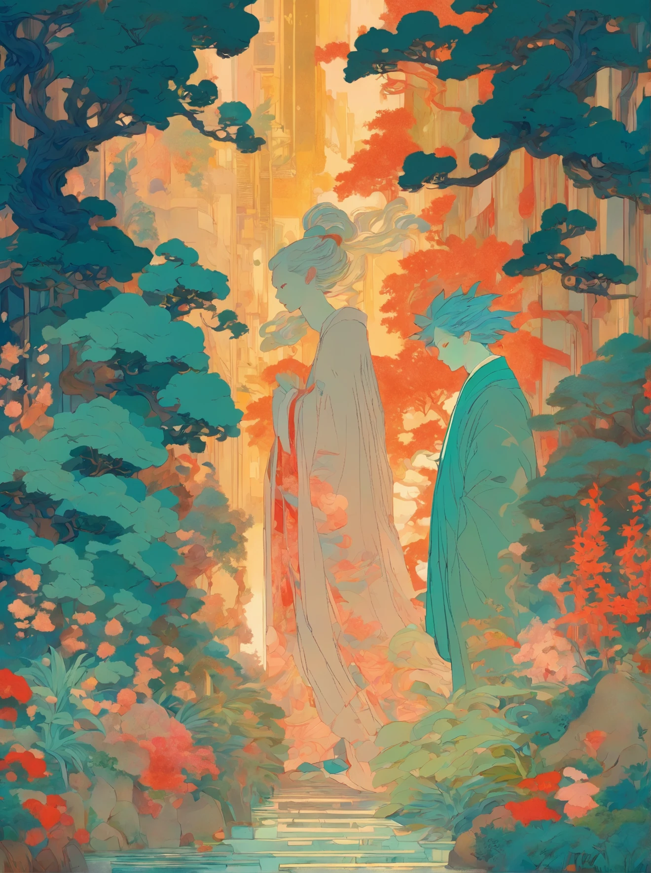 illustration of a woman and a man standing in a garden, botticelli and victo ngai, laurie greasley and james jean, james jean art, james jean marc, jordan grimmer and james jean, james jean and victo ngai, brittney lee, moebius and kilian eng, moebius + loish, james jean style, by James Jean