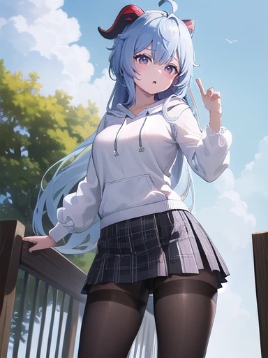 (masterpiece:1.3),((High resolution)),((high quality)),((Super detailed))、One girl、Perfect balance、Perfect Face、Detailed face、Cute Face、beautiful詳細な目、Expressive eyes、Cute eyes、Shiny eyes、Perfect body、beautiful体、((8K Wallpaper)) ,(8K),Shine, Shine光, (Perfect in hand :1.7),Ray Tracing,Perfect lighting, Shine目, (Watching the audience,smile:1.1), (Mature Woman:1.4),Ganyu ,Light blue hair、Purple eyes, horn, ((smile)),((弾けるようなsmile)),Long Hair,sneakers, ((Black Pantyhose)) , (hoodie:1.2) , ((Panty stocking)) , shoes、(Checkered Skirt), ((head shot))、Embarrassing、blush、beautiful女の子、Cute Face、beautiful顔、Cute Face、beautiful、Good anatomy、smile、Mistress Pose, smile, blush, Outdoor, Day, blue sky, empty, Watching the audience, Moody lighting, In-person audience、((Are standing))、(snfw:1.3)、From below、Lift up your skirt,Posing partially visible vulva,((Panties through pantyhose))
