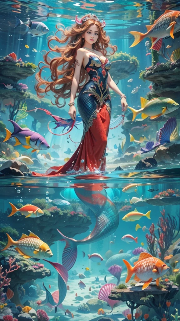 (RAW shooting, 32k:1.5, highest quality, masterpiece, Ultra-high resolution), (Deep sea at night:1.0, Dramatic moonlight:0.7, Mysterious underwater world:1.3, Expressions of sadness:1.0), Side Shot, Fractal Art:1.3, Perfect dynamic composition:1.3, Very detailedな肌と顔の質感:1.3, Dynamic flow of water waves:1.3, Beautiful shell and coral decoration, Surrounded by lots of colorful fish, Rich underwater vegetation, (The subject is being viewed from a distance:1.3, Slim mermaid figure:1.0, Shimmering Scales, Mermaid tail), elegant and sophisticated, Fair skin, Incredibly slim body:0.8, Very beautiful face, Water droplets on the skin, Very accurate, Very detailed, Gorgeous red shiny dress portrait:0.8, Big eyes that exude beauty, Beautiful big lips,, Unreal atmosphere, necklace, Earrings, bracelet