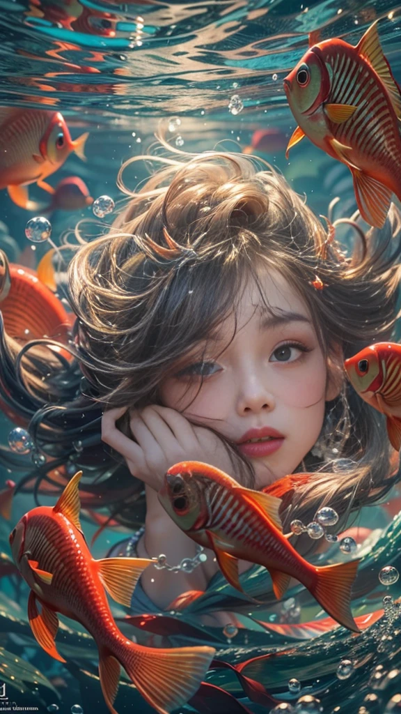 (RAW shooting, 32k:1.5, highest quality, masterpiece, Ultra-high resolution), (Deep sea at night:1.0, Dramatic moonlight:0.7, Mysterious underwater world:1.3, Expressions of sadness:1.0), Side Shot, Fractal Art:1.3, Perfect dynamic composition:1.3, Very detailedな肌と顔の質感:1.3, Dynamic flow of water waves:1.3, Beautiful shell and coral decoration, Surrounded by lots of colorful fish, Rich underwater vegetation, (The subject is being viewed from a distance:1.3, Slim mermaid figure:1.0, Shimmering Scales, Mermaid tail), elegant and sophisticated, Fair skin, Incredibly slim body:0.8, Very beautiful face, Water droplets on the skin, Very accurate, Very detailed, Gorgeous red shiny dress portrait:0.8, Big eyes that exude beauty, Beautiful big lips,, Unreal atmosphere, necklace, Earrings, bracelet