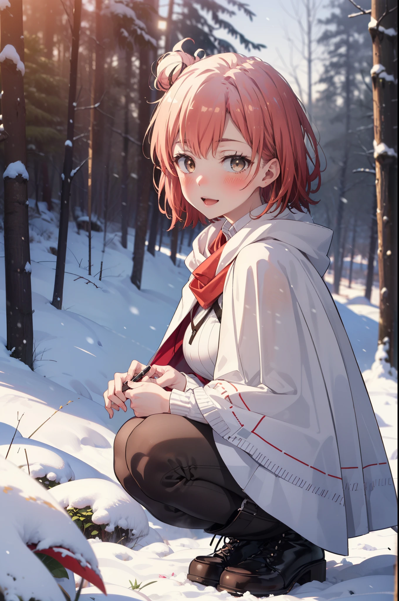 yuiyuigahama, yui yuigahama, short hair, (Brown eyes:1.5), (Pink Hair:1.2), Hair Bun, single Hair Bun, smile, (Big Breasts:1.2),smile,blush,White Breath,
Open your mouth,snow,Ground bonfire, Outdoor, boots, snowing, From the side, wood, suitcase, Cape, Blurred, forest, White handbag, nature,  Squat, Mouth closed,Cape, winter, Written boundary depth, Black shoes, red Cape break looking at viewer, Upper Body, whole body, break Outdoor, forest, nature, break (masterpiece:1.2), highest quality, High resolution, unity 8k wallpaper, (shape:0.8), (Beautiful and beautiful eyes:1.6), Highly detailed face, Perfect lighting, Highly detailed CG, (Perfect hands, Perfect Anatomy),