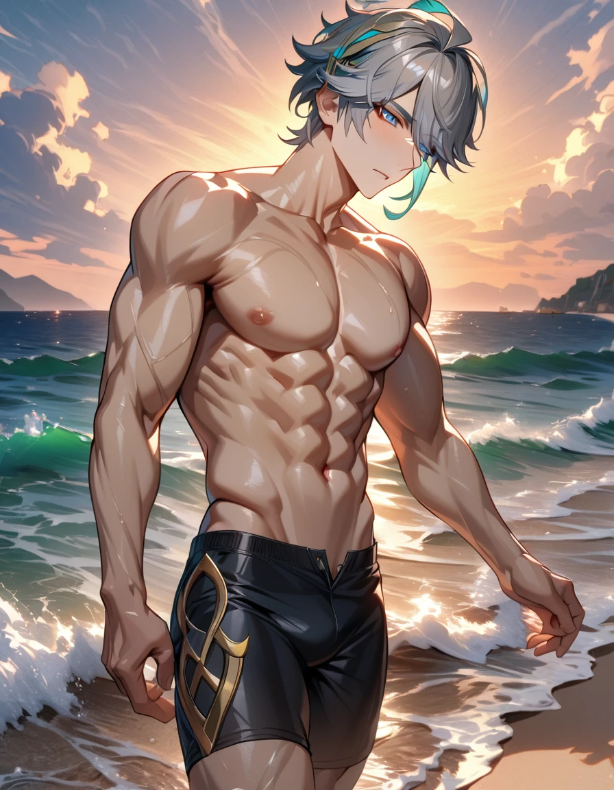 absurdres, highres, ultra detailed, HDR) master piece, best quality, Alhaitham, gray hair, expressive blue eyes, genshin impact, solo, sexy man, handsome, toned chest, topless, sensual, black tight shorts, sea, beach, sunset