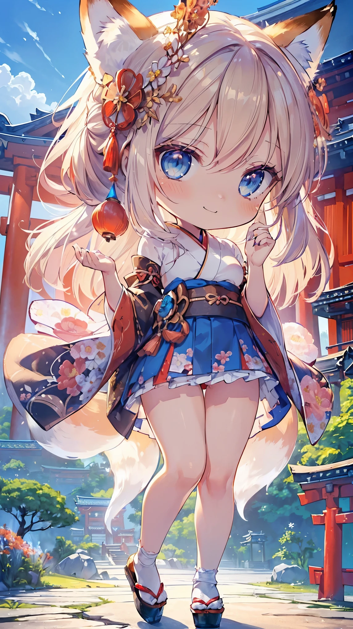(((Masterpiece))), (((Highest quality))), ((Ultra-detailed)), ((Super fine illustration)), ((Ultra-fine painting)), (16K highest quality wallpaper:1.4), (Chibi:2.0), (Full body:1.6), HDR, (Highly detailed and delicate illustration style:1.8), Detailed skin texture, Detailed cloth texture, Extreme detailed description, (T-masterpiece), (Highly detailed face:1.2), (Highly detailed fox ears:1.2), (Highly detailed shiny golden brown half updo:1.2), (Highly detailed clear blue eyes:1.2), Original, RAW photo, Professional, Intricate details, Super details, Direct light:1.6, (Perfect anatomy:1.4), (Highly detailed hands:1.2), (Highly detailed fingers:1.2), (Highly detailed fingertips:1.2), (27-years-old), Real, (Solo:1.8), ((A very beautiful and attractive fox fashion model with blue eyes wearing a bright red furisode with a floral pattern:1.4)) BRAKE (Beautiful and adorable fox ears:1.6), (Highly detailed and delicate fox ears:1.4), (Beautiful and well-shaped big breasts:1.2), (Beautiful and well-shaped buttocks), (Beautiful and shiny golden brown half updo:1.4), (Highly detailed and delicate golden brown half updo:1.2), (Beautiful clear blue eyes that shine with great detail:1.6), (Highly detailed and delicate blue eyes:1.2), (Highly detailed face:1.4), (Smile:1.5), (Blush:1.4), (Looking at viewer:1.4), (Celebration:1.4) BRAKE (Bright red furisode with floral pattern:1.4), (Japanese traditional costume:1.2) BRAKE (Concept art:1.2), (Detailed fantasy art:1.2) BRAKE (Highly detailed and delicate Ise Grand Shrine in Mie Prefecture in the background just after noon in spring:1.6), (Celebration:1.4), Ise Grand Shrine:1.4, Torii gate of Ise Shrine:1.4, Very beautiful in the sunny sky background just after noon:1.4 BRAKE