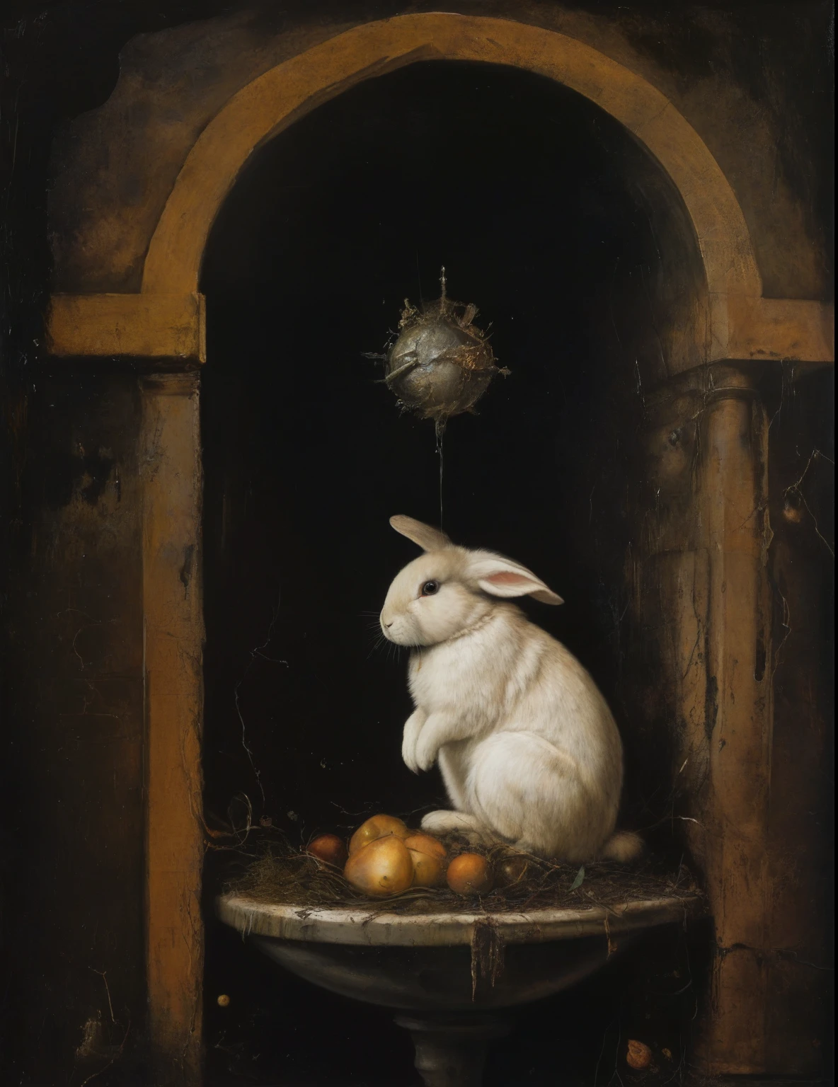 James Gurney, Surrealist art , dream-like, Mysterious, Provocative, symbolic, Complex, detailed,, (Gothic but very beautiful:1.4), (masterpiece, highest quality:1.4) , Nicola Samori Style, Baby Rabbit