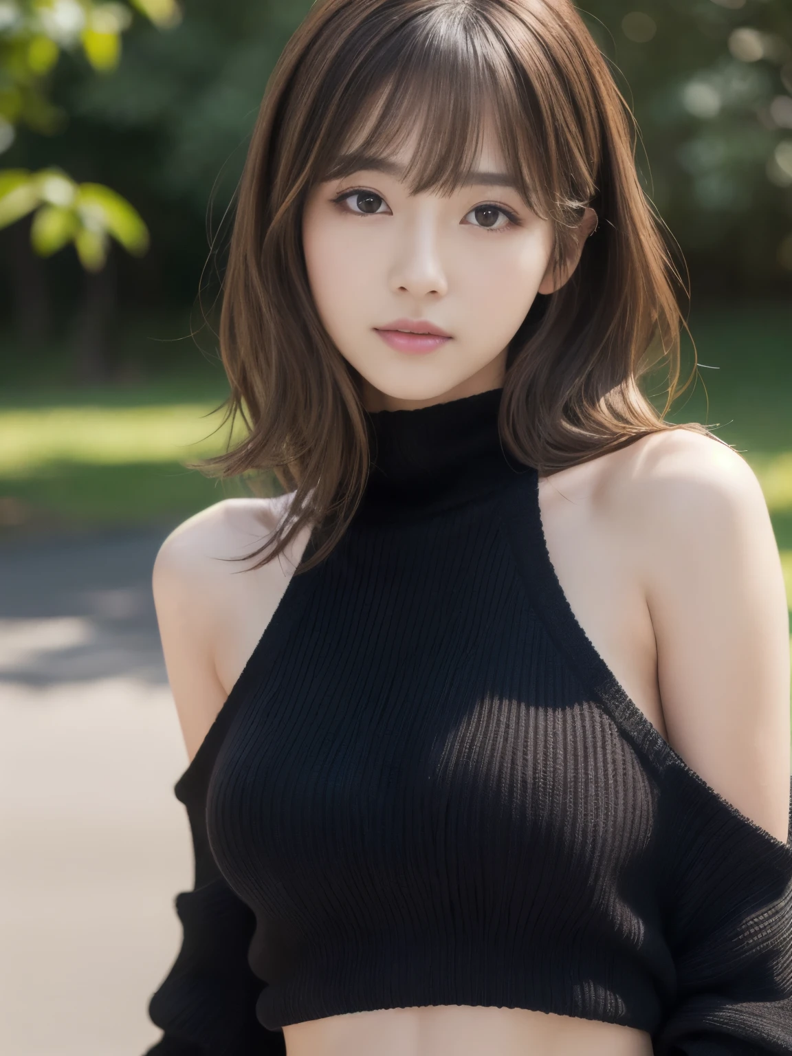 (detailed skin:1.2), (shiny skin:1.1), 8k,best quality, masterpiece, ultra high res, (photorealistic:1.4), RAW photo, (soft saturation:1.3), (fair skin:1.2), Japanese idol, 22 years old, Natural make up, brown hair, medium hair, asymmetrical hair, wavy hair, asymmetrical bangs, (black knit:1.2), 